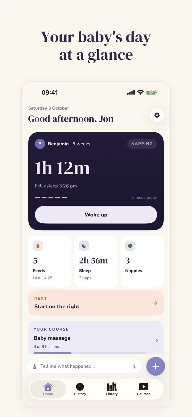 The app's home screen: the baby's current nap, and today's feeds, sleep and nappies