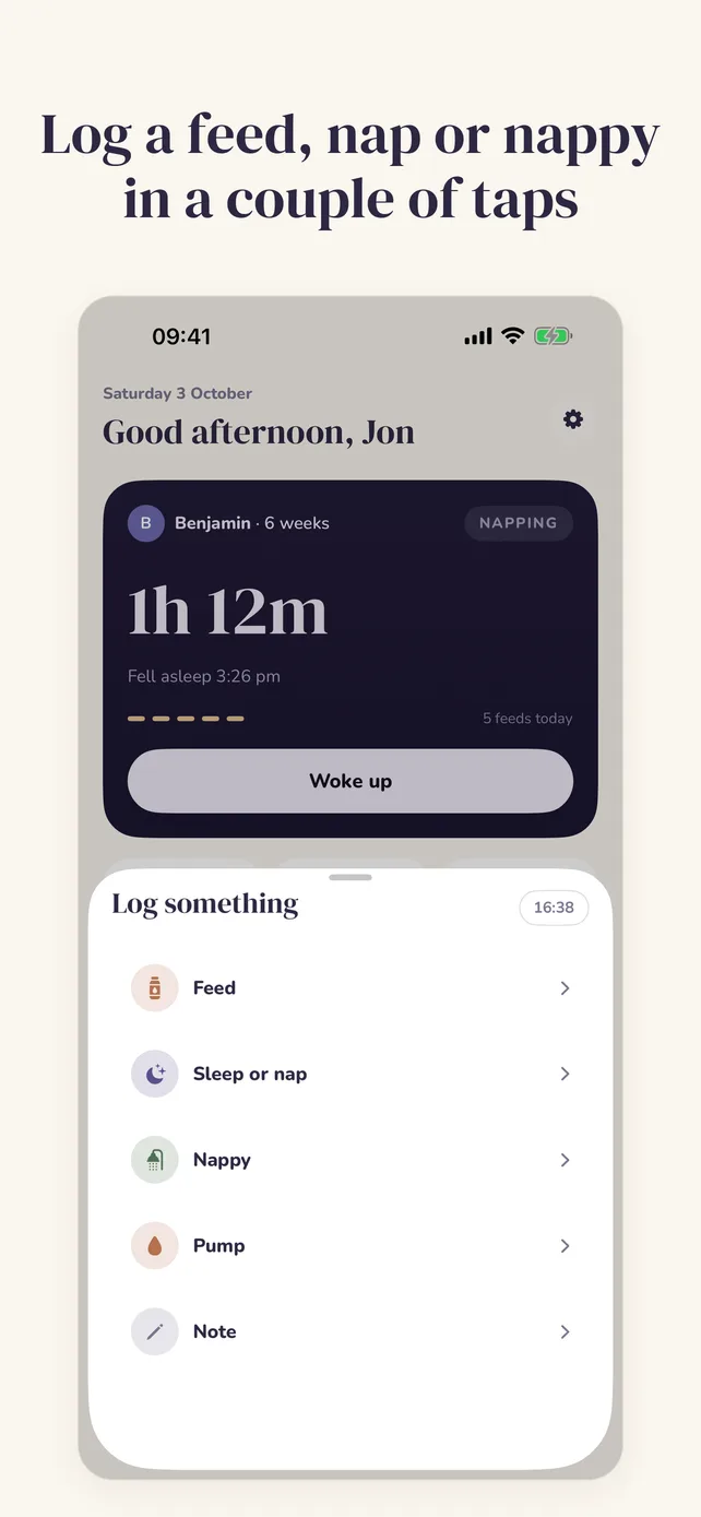 Logging a feed, sleep, nappy, pump or note from one list